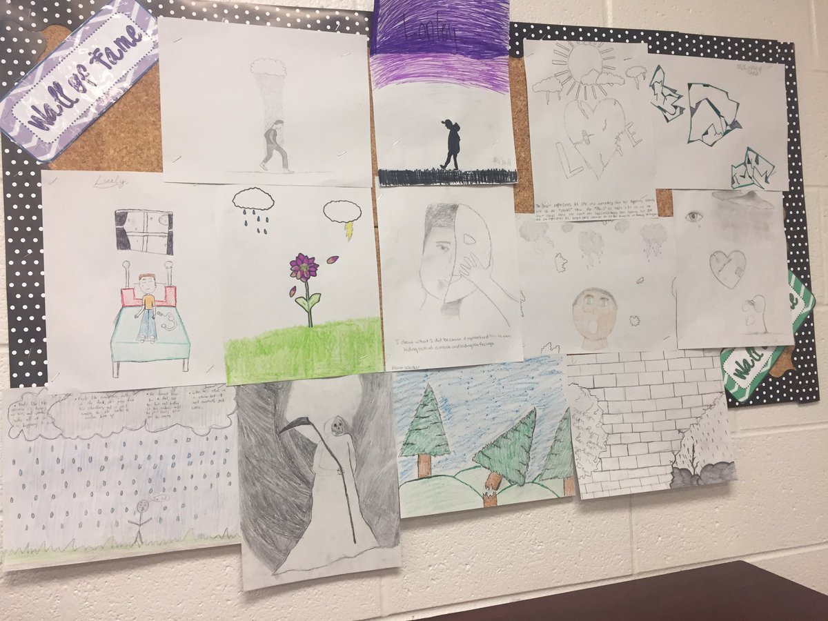 MrsGZ5's tweet photo. Symbols and depictions of Matt’s feelings. These students really captured his emotions and were put on the Wall of Fame! #hcsdli #theboyintheblaclsuit @SpainPark https://t.co/AhMag5d1lz