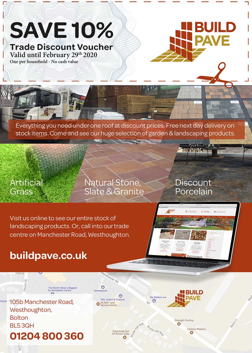 build_pave's tweet photo. Don't forget to show this on your mobile to us in-store to claim your 10% discount - or look out for it in your local directory.
#EveryLittleHelps #BoltonsGenerousLandscapingProject #GetTheGardenYouHaveAlwaysWanted https://t.co/MHoN3Ak2cn