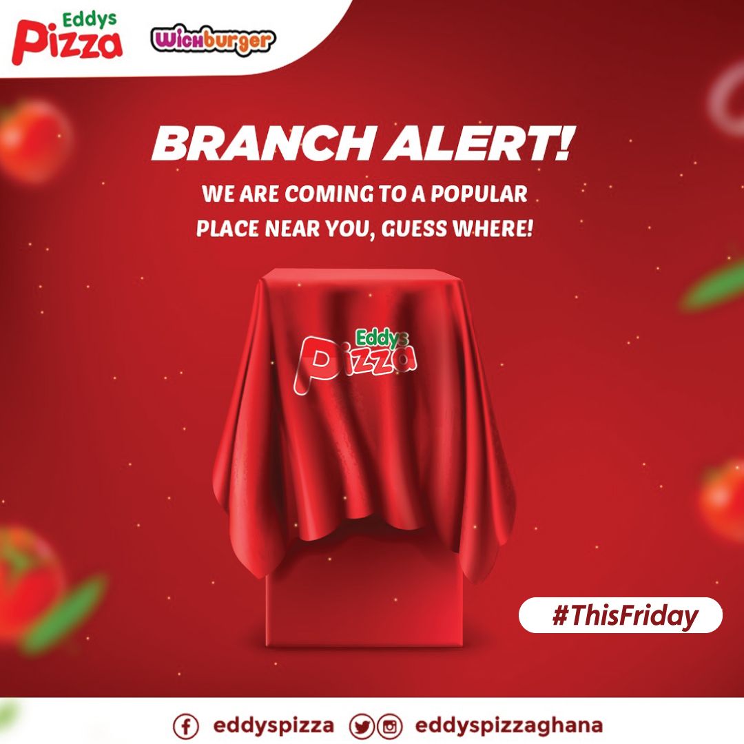 eddyspizzaghana's tweet photo. New year, new branch! Guess where this new branch will be located!
#EddysPizza #Wichbuger #Accra #NewYear #2020 #NewBranch #Ghana https://t.co/ZJ7duWrVGN
