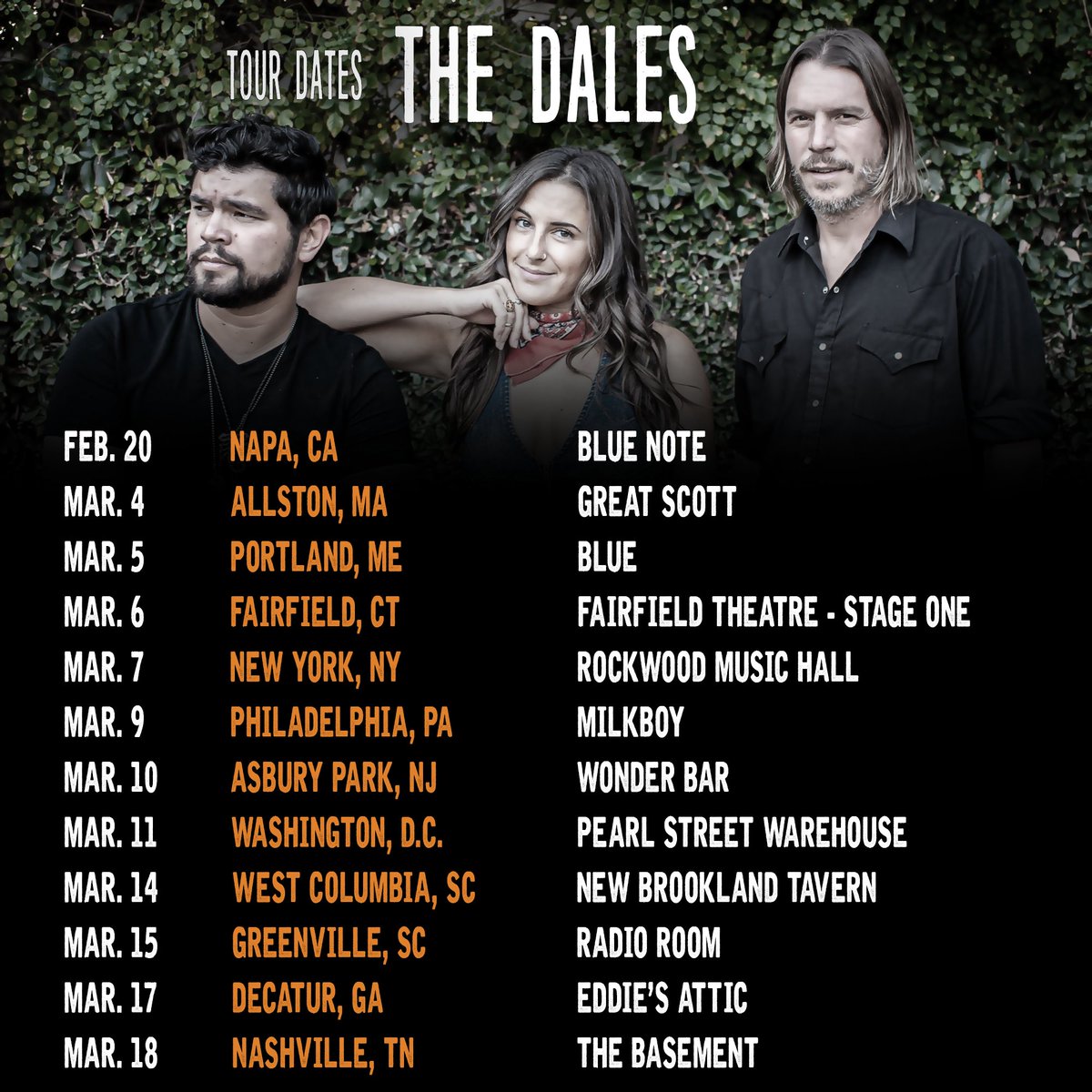 We’re hitting the road!  Back to some of our favorite cities on the East Coast &amp; excited to hit South Carolina &amp; Georgia for the first time.  Let’s do this!  Who’s in?  Come on out &amp; tell your friends!  We appreciate you helping us spread the word!
Tix at thedalesband.com