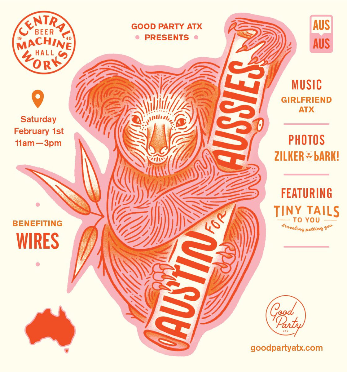 JUST ANNOUNCED: Austin for Aussie Animals benefit with #goodpartyatx, <a href="/zilkerbark/">Zilker Bark</a>, <a href="/TinyTailstoYou/">Tiny Tails to You!</a> and more to help @WIRES_NSW! Feb 1 at Central Machine Works #atx