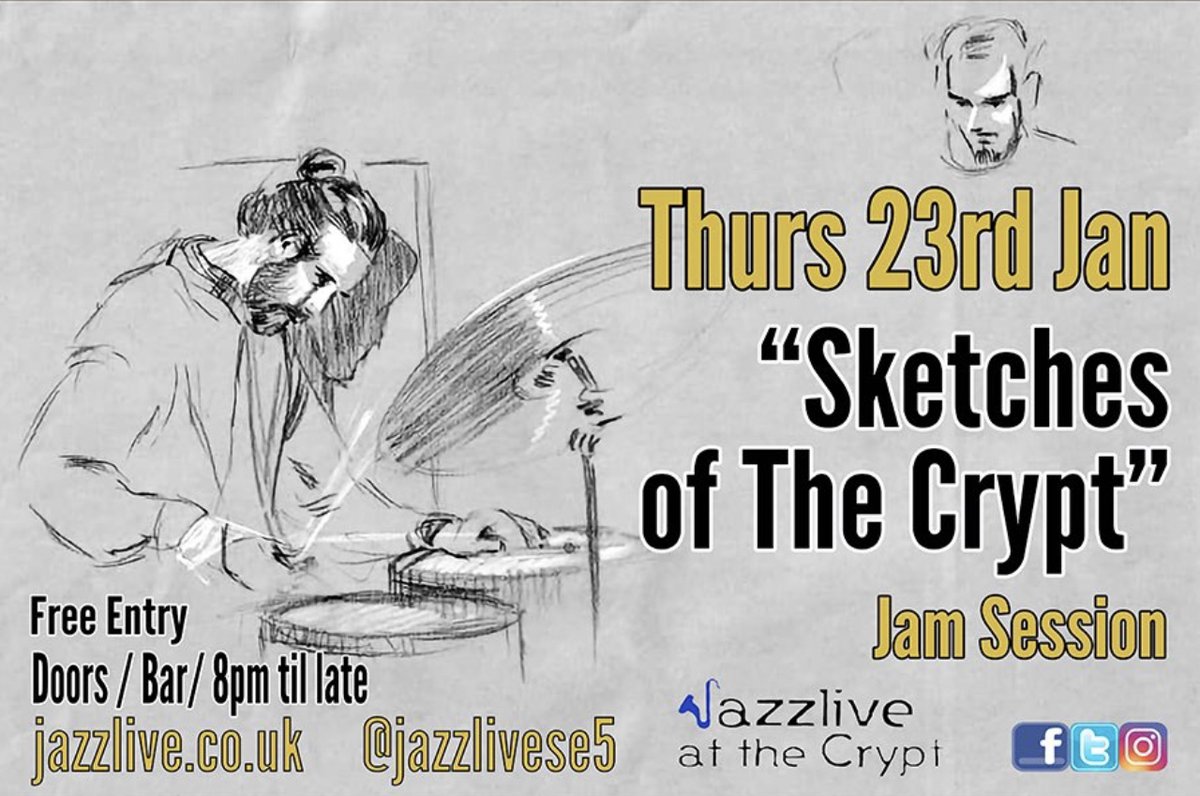 Tomorrow Thurs 23 Jan “Sketches of The Crypt” jam session hosted by saxophonist #ArnaudGuichard

Arnaud teams up with #JackStephensonOliver on keys #RudyCreswick on bass &amp; #DougalTaylor on drums. 

#comeplay #FREEENTRY 8PM #jazzlive #sketches #jam #bar #crypt #se5 #camberwell