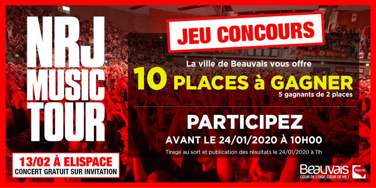 villedebeauvais's tweet photo. [#Concours] 
Gagnez vos places pour le #NRJMusicTour de #Beauvais le 13/02 à l'Elispace

Pour participer : 
1️⃣ RT + Follow @villedeBeauvais
2️⃣ Commentez "@villedeBeauvais #JeVeuxMesPlacesNMT"

5 gagnants tirés au sort le 24/01 à 11h
Bonne chance à tous https://t.co/5Xg4t4xBRn