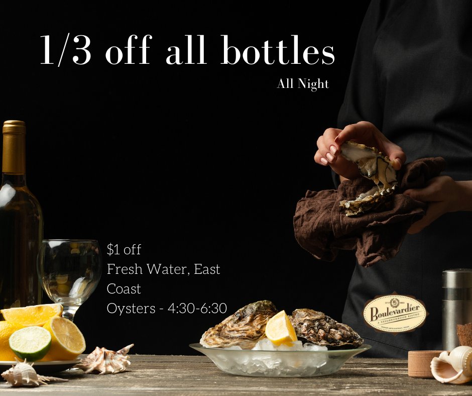 Wednesday Winesday now includes 1/3 of all bottles of wine all night long, and $1 off Fresh Water, East Coast Oysters from 4:30-6:30. Come on over, we'll see you in the Bishop Arts District!