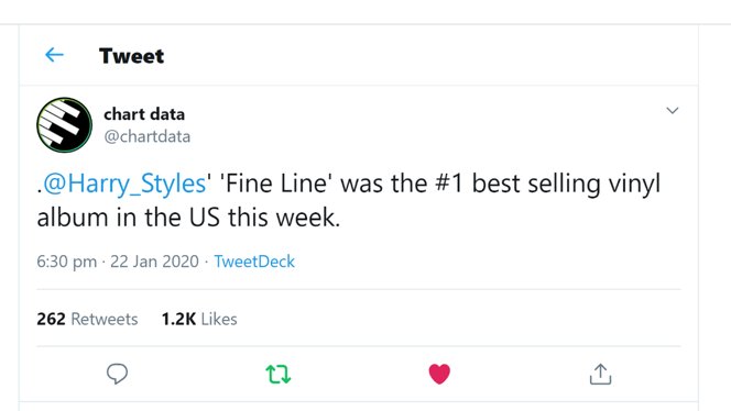 Five weeks after its release, "Fine Line" is the #1 best selling album on vinyl in the US and the second #2 best selling album in pure sales in the US.