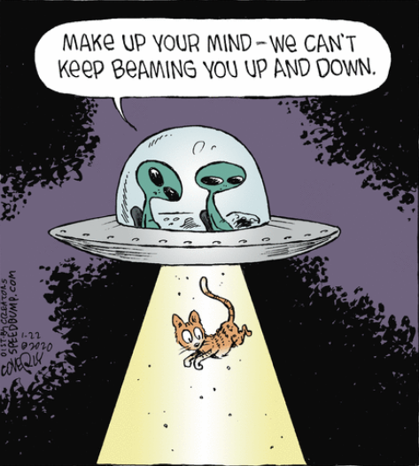 aliens in spaceship with cat who doesn't know if it wants to be beamed up or down