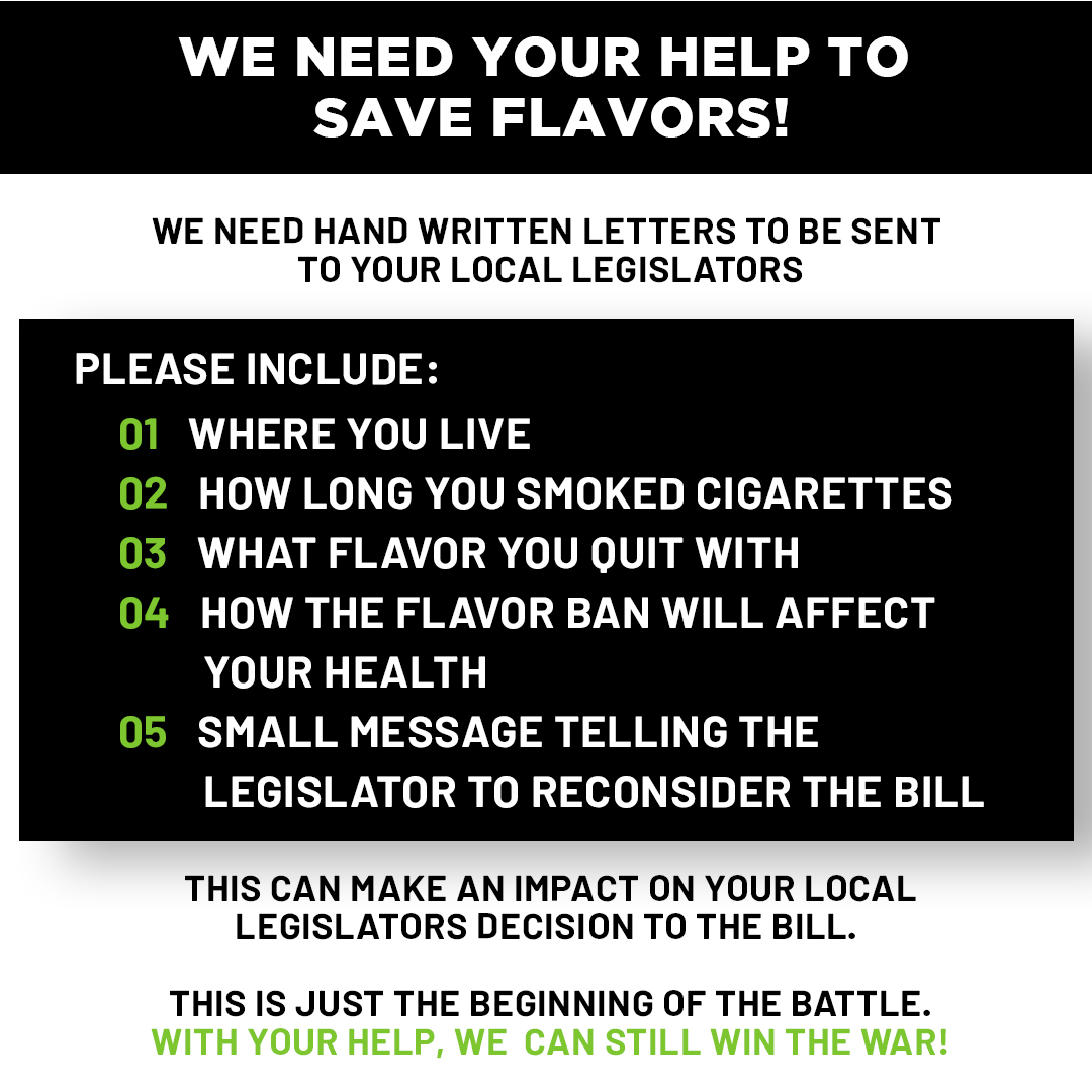 GoodGuyVapes's tweet photo. We need YOUR HELP to SAVE FLAVORS! We need hand written letters to be sent to your local legislators! This can make an impact on your local legislators decision to the bill. With your help, we can still win the war!
__________
#goodguyvapes #wevapewevote https://t.co/4chCSv8K8v