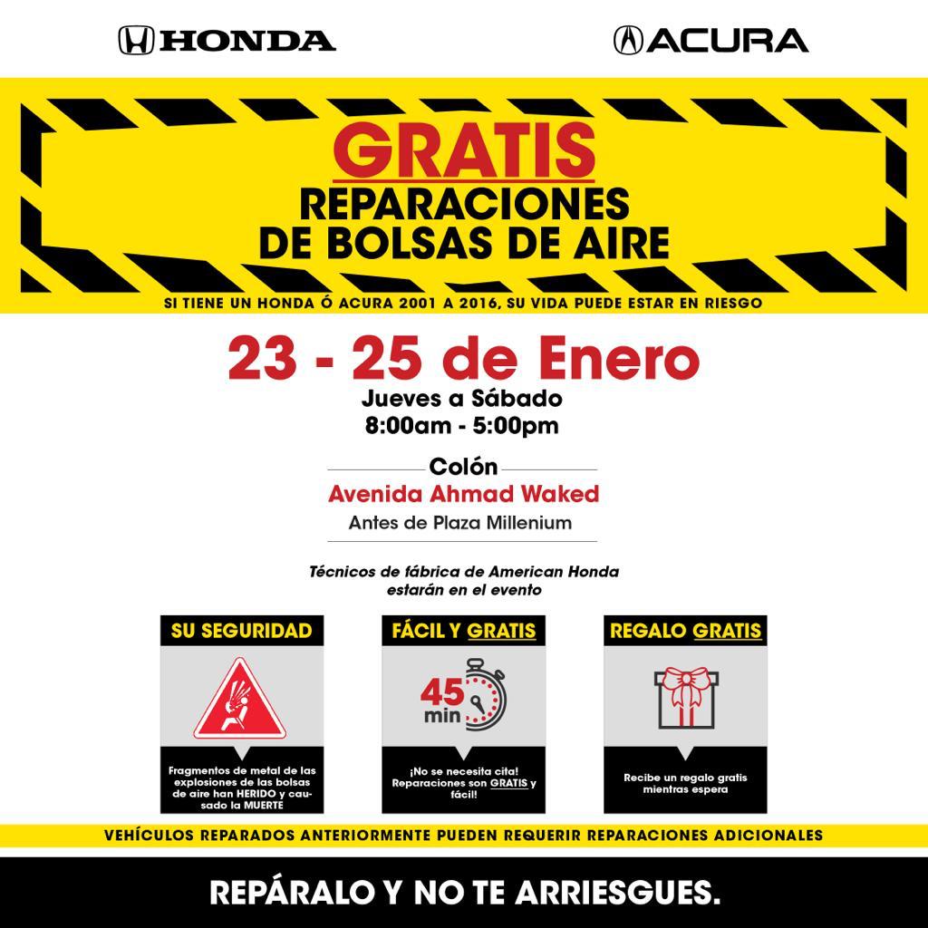 ATENCIÓN COLÓN ‼️, mañana jueves 23 de enero empieza la REPARATÓN. ¿Tienes un Honda o Acura del 2001 al 2016?  Tu vida puede estar en riesgo. Ven a reparar tus bolsas de aire de forma gratuita.