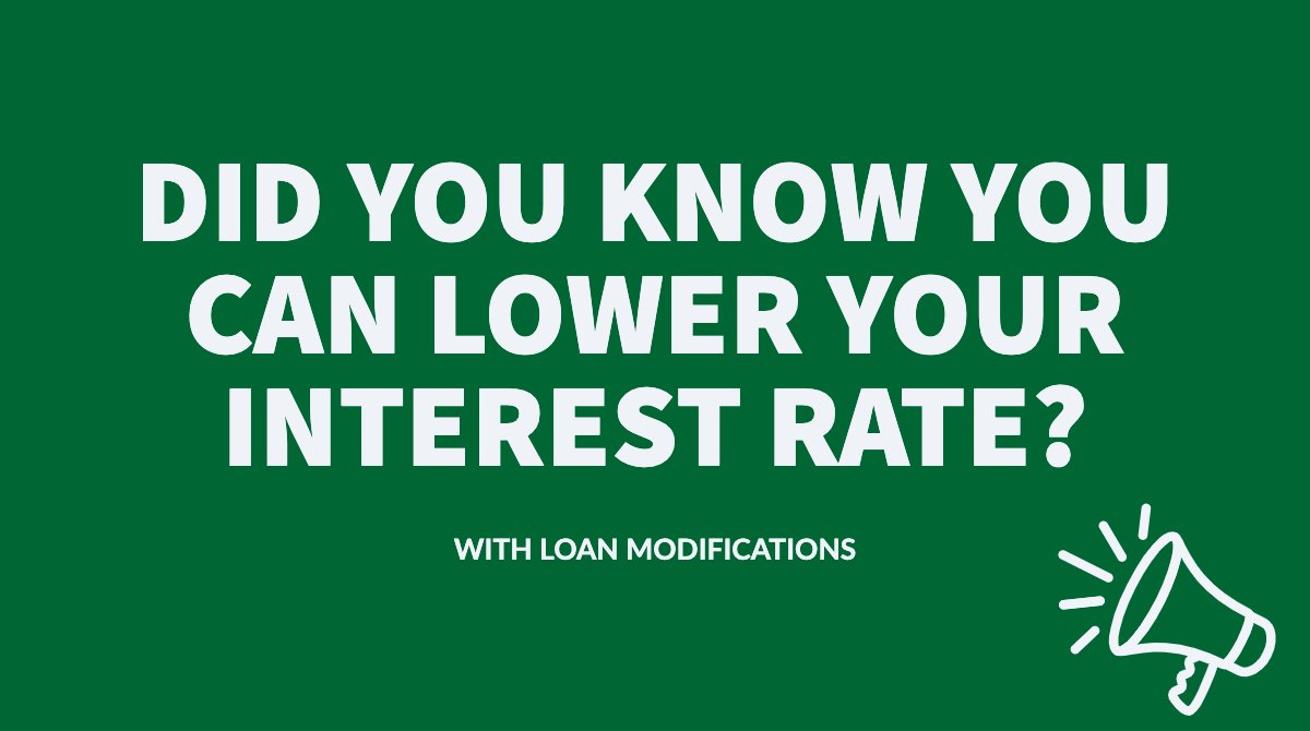 Did you know you can lower your interest rate on a loan, resulting in a longer term for your loan?

See if you can modify your loans with the help of our attorneys: bit.ly/2pC3WKQ

#loanmodification #interestrate #lowerinterestrate