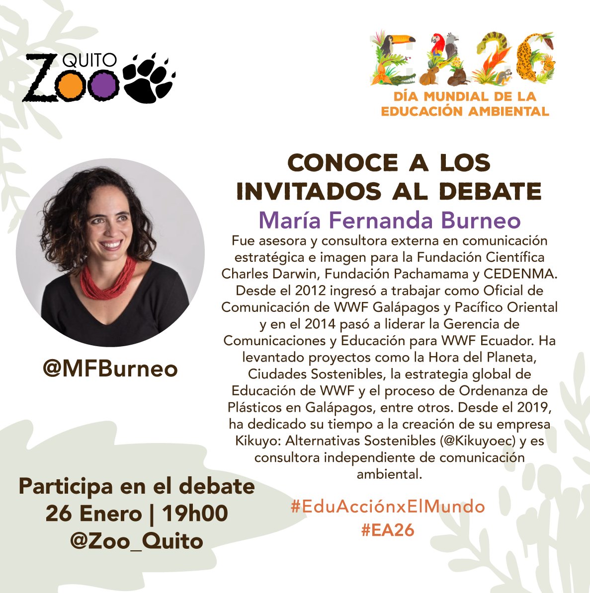 Zoo_Quito's tweet photo. Conoce a @MFBurneo, comunicadora y educadora ambiental, quien participará el #Debate: ¿Puede la Educación Ambiental cambiar el mundo?

🗓Únete a este espacio de discusión ciudadana el domingo, 26 de enero a las 19h00.

#EduAcciónXElMundo #EA26 https://t.co/uM4E5COx8Y