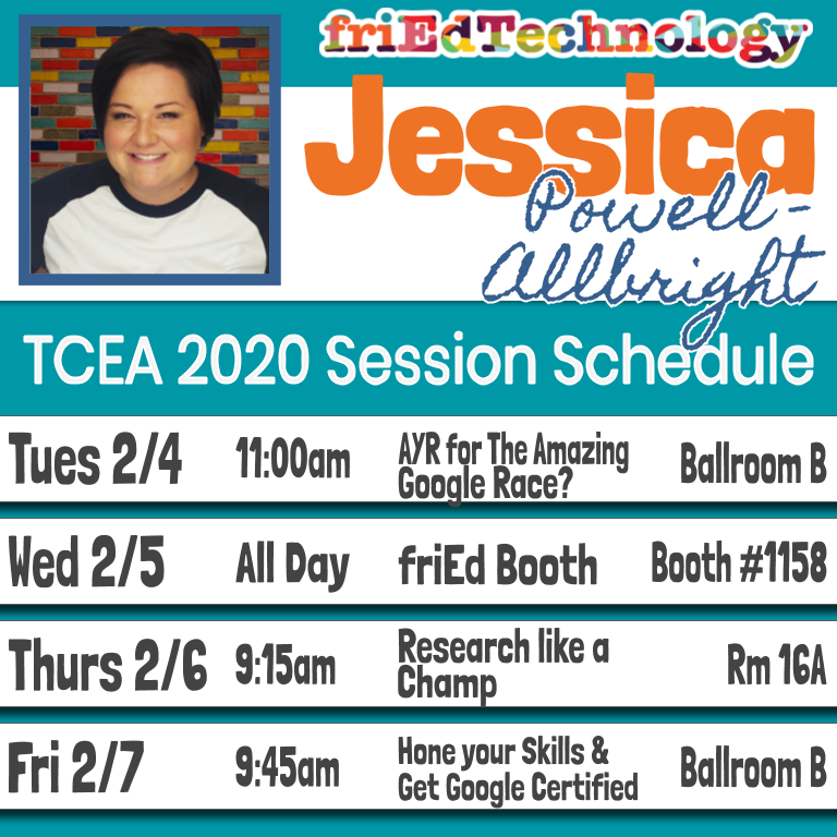 friEdTechnology's tweet photo. Countdown to #TCEA20!! Time to plan your own schedules for the week and we don't want you to miss us. Come see Amy, Brooke, and Jess in our learning sessions and visit us in our booth at the vendor hall (Booth #1158) #friedfan #friedfans #Google #edtech #TCEA2020 https://t.co/O3HFTDWt93