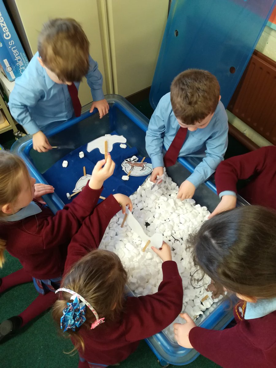 msboylansclass's tweet photo. Our Aistear theme this month is the Arctic. We have animals from Arctic and antarctic in the investigation station with ice and water. The children are ice fishing in the role play area and building igloos at the construction station. https://t.co/0wNkAGAth7