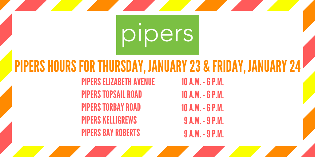 PipersNL's tweet photo. Great news! We'll be open Thursday and Friday from 10-6 at our stores in St. John's!
Come by for all your #YYTSOE essentials like snow shovels, road salt, windshield wash, grocery items and more!
#nlwx #nltraffic #yyt #stjohns #newfoundland #supportlocal #shopnl #pipersnl https://t.co/fZXp3cGFpi