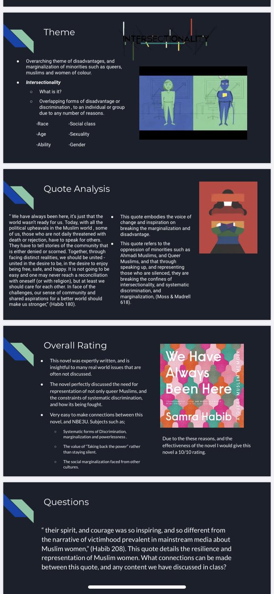 missweir123's tweet photo. #CulminatingTask One student read a Queer Muslim memoir by @therealsamsam alongside our course reads./scholarly lit. to grasp intersectionality. Connections were made to the Indigenous female experience. Layers of marginalization and resiliency explored. #DSBNreads #GameChangers https://t.co/xVwGxq9ILo