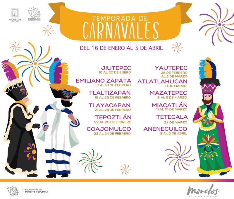 ColonosParaiso's tweet photo. Te compartimos fechas de #carnavales en #Morelos, poner especial atención en que del 7 al 9 de febrero estará cerrada las vialidades correspondientes por el carnaval de Emiliano Zapata. 
Feliz carnavalescos días https://t.co/m5o67B97Oq