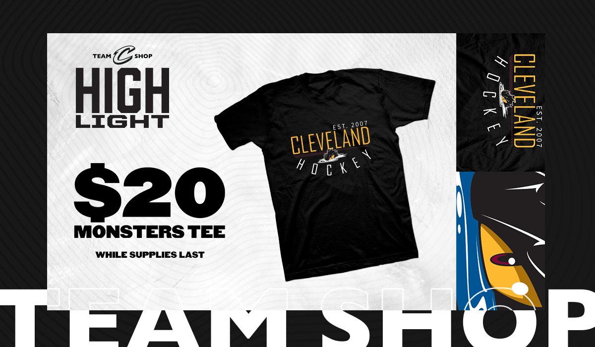 CavsTeamShop's tweet photo. Tonight's @MonstersHockey #TeamShopHighlight is the $20 Monsters Tee!
Get yours tonight only at @RMFieldHouse while supplies last! https://t.co/01MUr3yZoV
