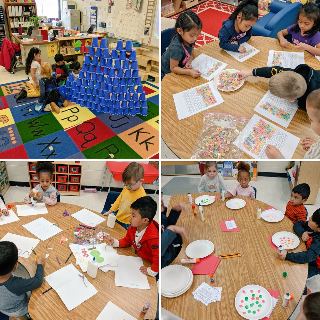 Happy 100th day of school. Don't we look #100DaysSmarter? We used an app to see what we will look like at 100 years old, counted 100 fruit loops to make a necklace, painted 100 gumballs, use teamwork to stack 100 cups, and made the number 100 using art supplies. #BeDoHaveGive