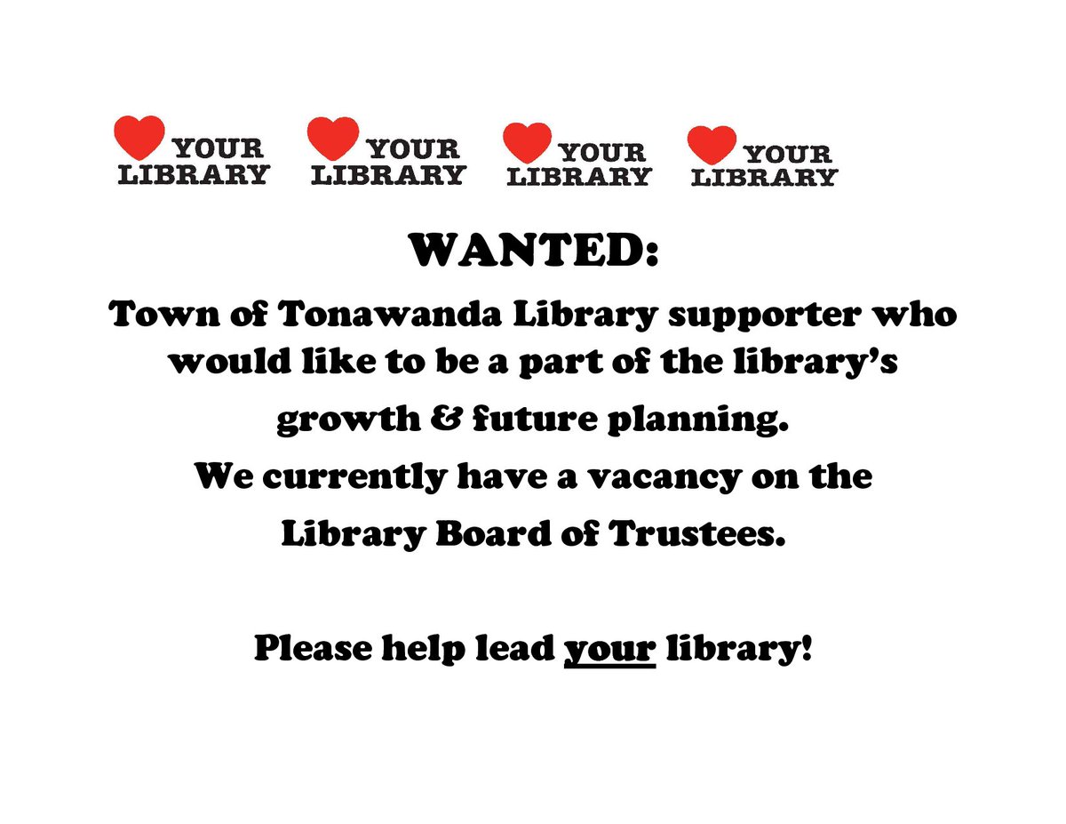 BECPLKenmore's tweet photo. The Town of Tonawanda Public Library Board currently has a vacancy.  Send a letter of interest to:
Town of Tonawanda Public Library Board, 
160 Delaware Road, Kenmore, NY 14217
or call the Kenmore Branch at 873-2842 for more information https://t.co/mU6IDgCLni