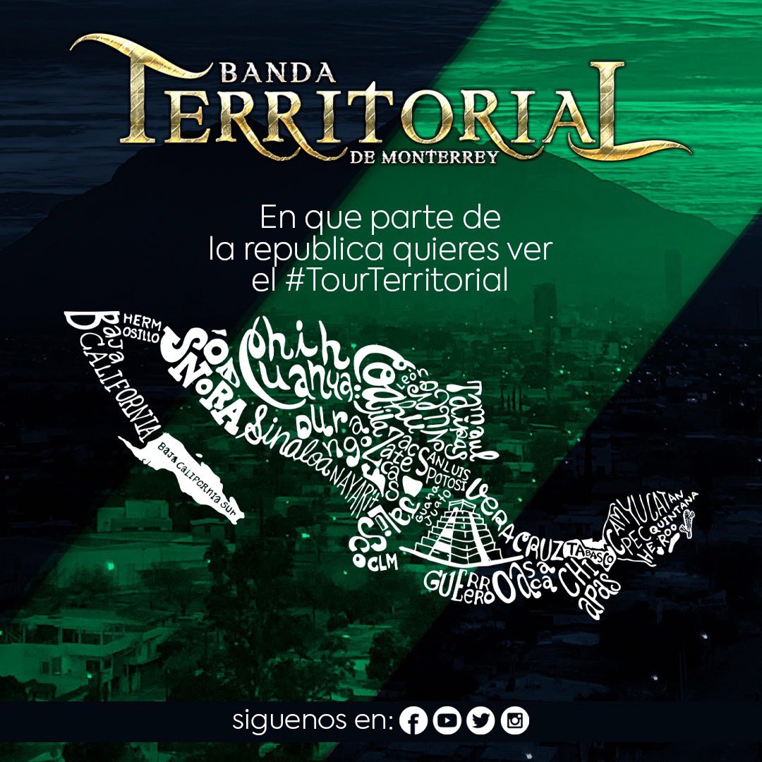BndTerritorial's tweet photo. Atención #Terrifans 

En donde les gustaría que llegara el #TourTerritorial
con toda nuestra musica en vivo 

que esperas , vota por tu ciudad favorita

#bandaterritorial #territorial2020 https://t.co/P52alCVLoN