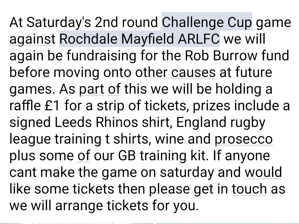 At Saturdays game we will again be fundraising for the <a href="/Rob7Burrow/">Rob Burrow CBE</a> fun. We are holding a raffle, prizes include a <a href="/leedsrhinos/">Leeds Rhinos</a> signed shirt, England RL tshirts, alcohol, tickets £1 if you cant make the game and would like some please messagesnd we will arrange this for you.