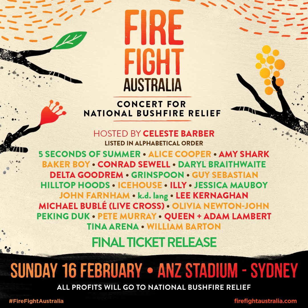 Proud to join the line-up for #FireFightAustralia to raise money for national bushfire relief • Final and limited release of tickets go on sale today at 10am AEDT • firefightaustralia.com