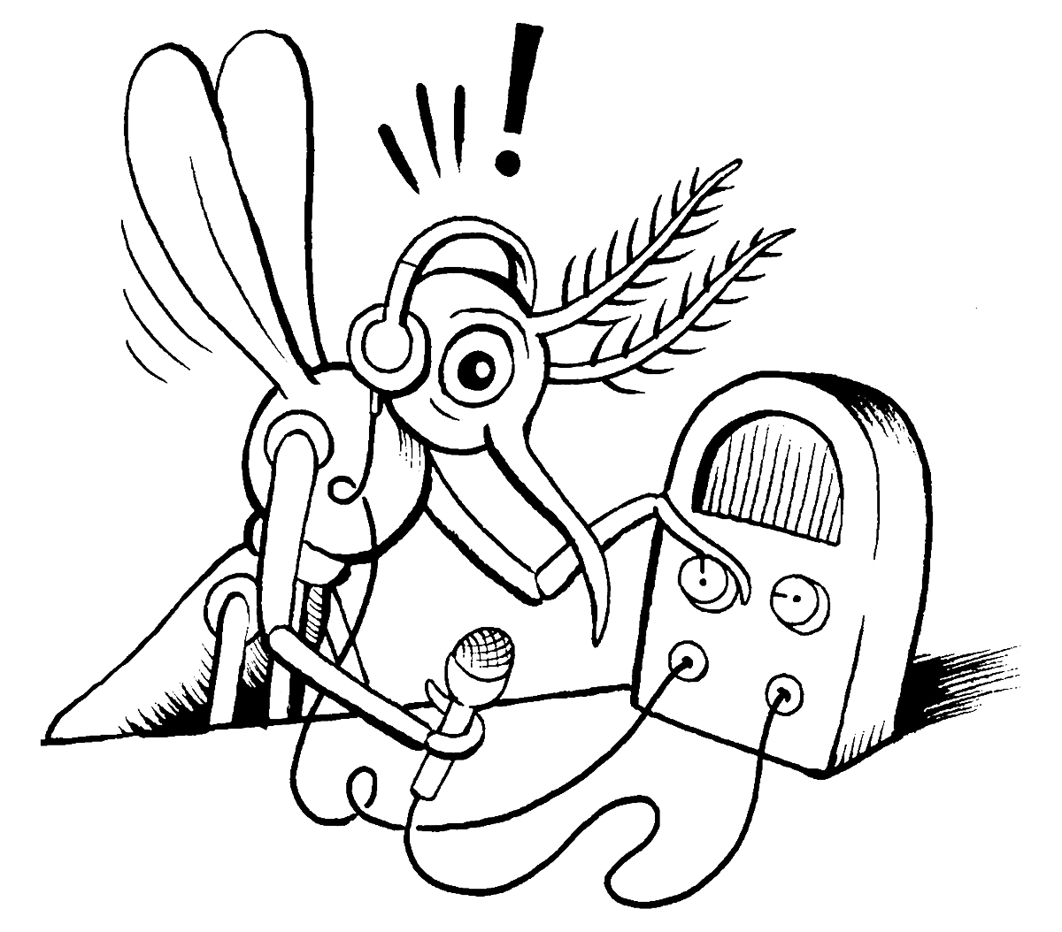 Line drawing of a mosquito with headphones on tuning a radio