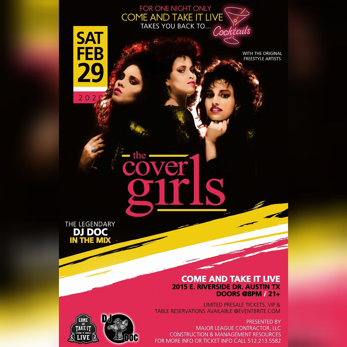 catilive's tweet photo. For one night only come on out to #CATILive and don't miss this incredible show!!!
.
.
Link to tickets can be found in our bio!
.
.
#TheCoverGirls #Cocktails #DJ #CATIProductions #CATILive #ATX #LiveMusic https://t.co/Hxp6UKFJgp
