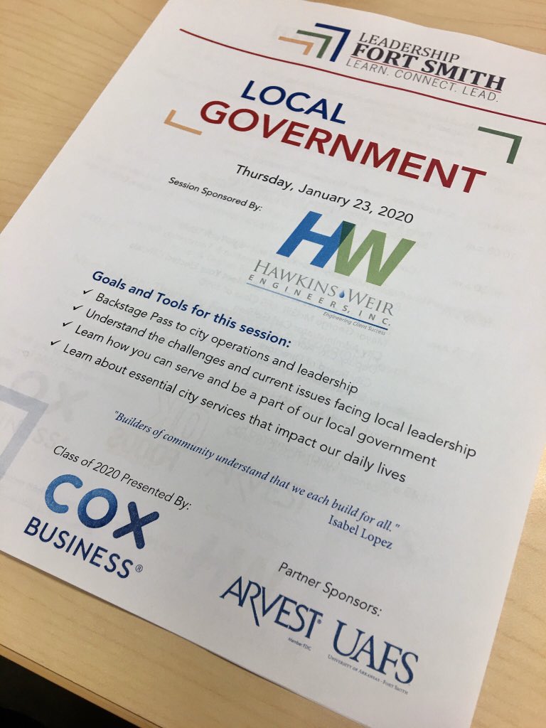 LeadershipFSM's tweet photo. Snow day today-LFS Session day tomorrow! Local Govt. Session sponsored by Hawkins-Weir Engineers &amp; lunch sponsored by @okfoods. Great day planned with @FtSmithARK! https://t.co/kc8t4lBlSY
