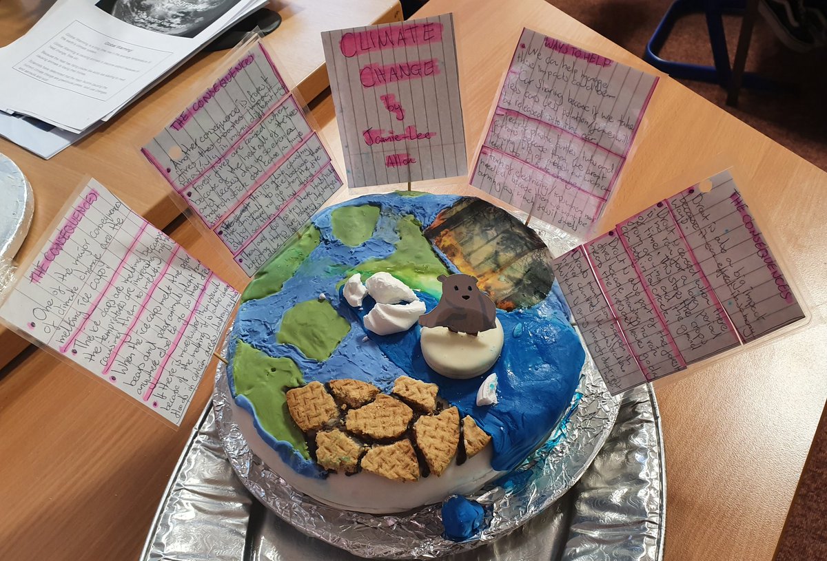 StrachanMiss's tweet photo. Outstanding effort from 1H Climate Change projects 😍 we were particularly delighted with the 3 cakes we all got to taste in class today! Thank you Jamie-Lee Allan, Romey Kerr & Lily Robb for sharing! 🌍 #geographycakes #climatechange #personalisationandchoice #creativeassessment https://t.co/DpNVNYNn6b