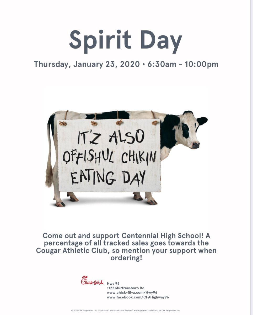 chs_cougars_bb's tweet photo. Tomorrow, Thursday the 23rd is Spirit Day for Centennial at the Chick fil-a on Hwy 96 all day. We are having a contest against Franklin High School. So let them know you are with Centennial! https://t.co/QwSv2X7FEz