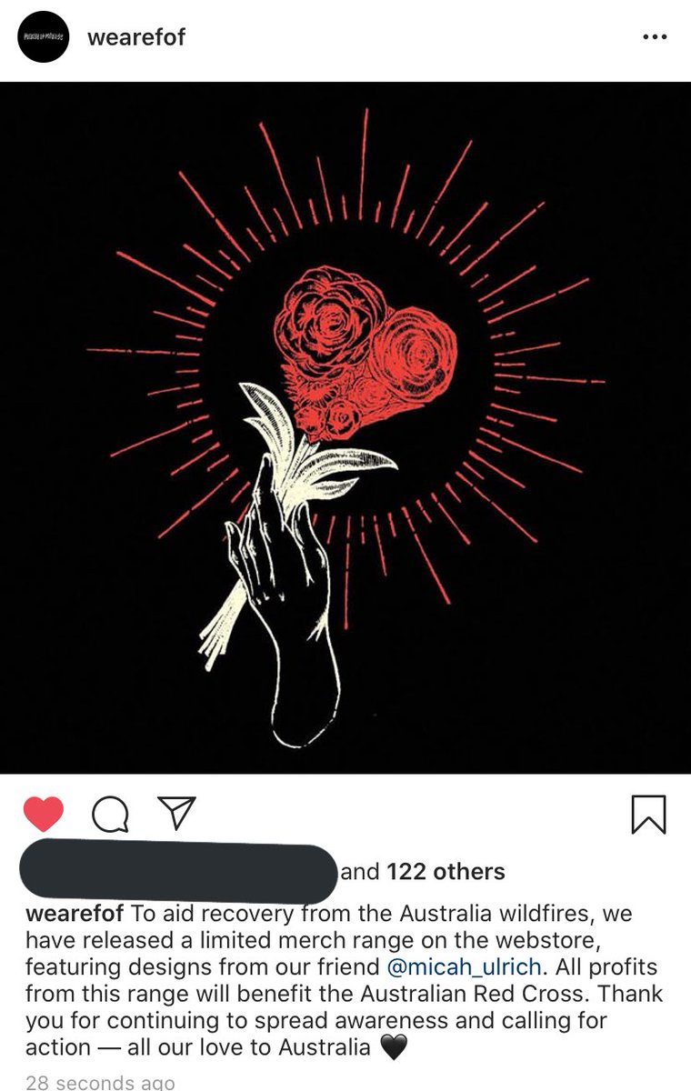 5SOSDigest's tweet photo. Friends of Friends are releasing a limited edition line of merch to aid Australia as they begin to recover from the fires! @5SOS @wearefof so proud of you! #iHeartAwards #BestCoverSong #DancingWithAStranger -jules https://t.co/3EIl48skQ5