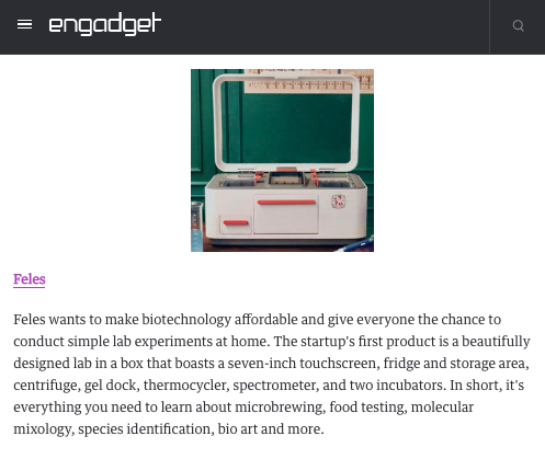 LuminaryLabs's tweet photo. Accelerator update: Engadget named @FelesB, a @Tool_Foundry cohort team, one of the five best startups at #CES2020. Smithsonian Magazine highlighted the Feles One desktop biolab on its list of eight remarkable inventions. https://t.co/2go6eVyvMj https://t.co/p8roJcQuPV