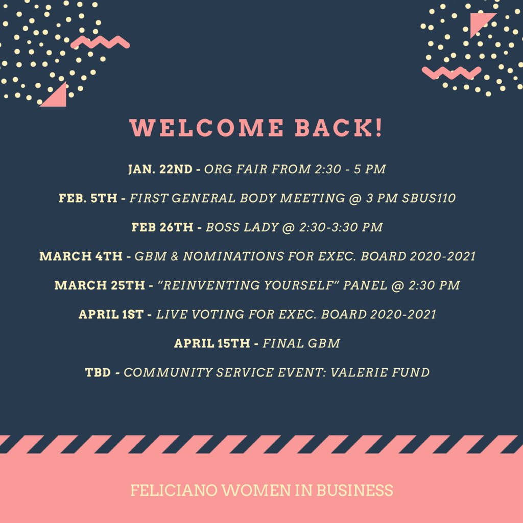 Welcome back everyone! Here are the upcoming events by FWIB for the Spring 2020 semester. We hope to see you all there!
