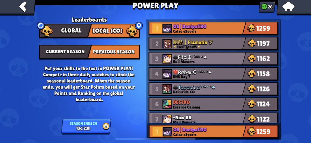 La anterior temporada de Power Play represente a <a href="/CalaoEsports/">Calao Esports ☕️</a> con un Top 65 🌎 y Top 1 Colombia🇨🇴❤️. Gracias por la ayuda <a href="/Betuchiz_BS/">Betuchiz</a> <a href="/MarvinGllo/">M.Gallo🐔</a> 🇲🇽🇳🇮❤️