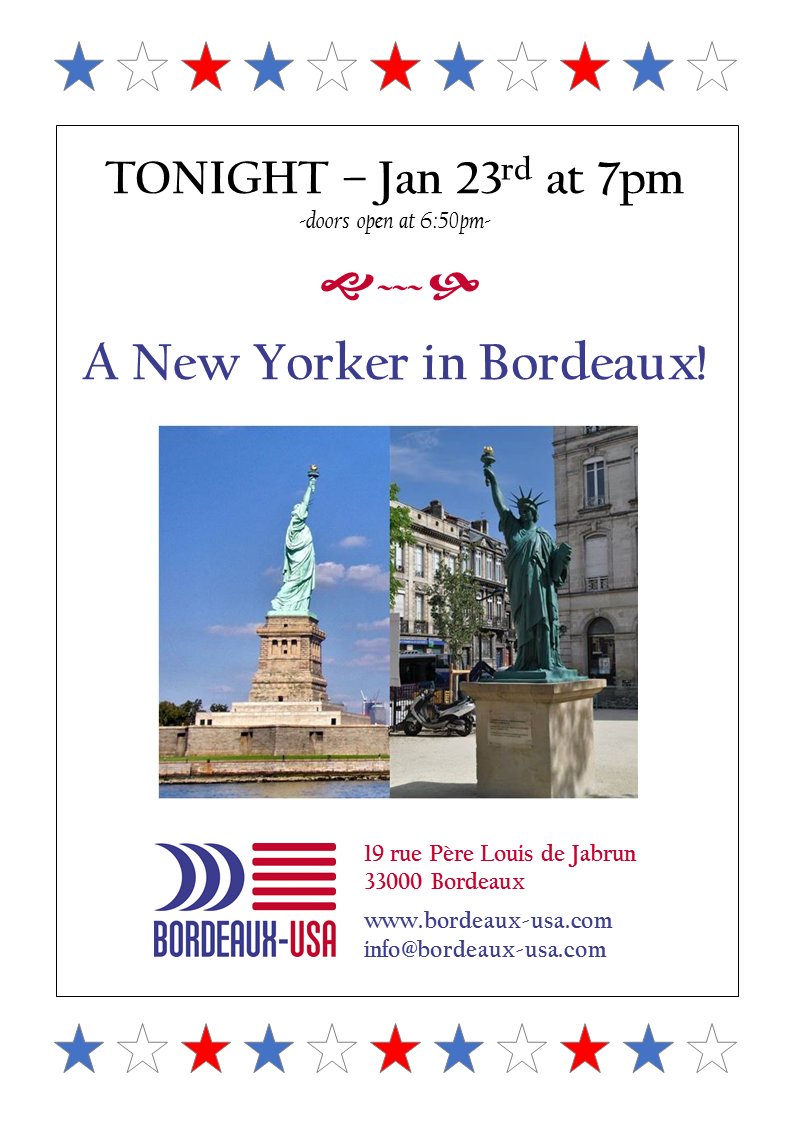 Today at 7pm, on Jan 23rd: A New Yorker in Bordeaux!

Please note: tonight's presentation is now at our new location: La Coloc' - 19 rue Père Louis de Jabrun in <a href="/Bordeaux/">Bordeaux</a> ^^
*** DOORS OPEN AT 6:50PM ***

More info at bordeaux-usa.com/2020/01/thursd…

cc <a href="/BDX_Culture/">Bordeaux culture</a> &amp; <a href="/BordeauxExpats/">Bordeaux Expats</a>