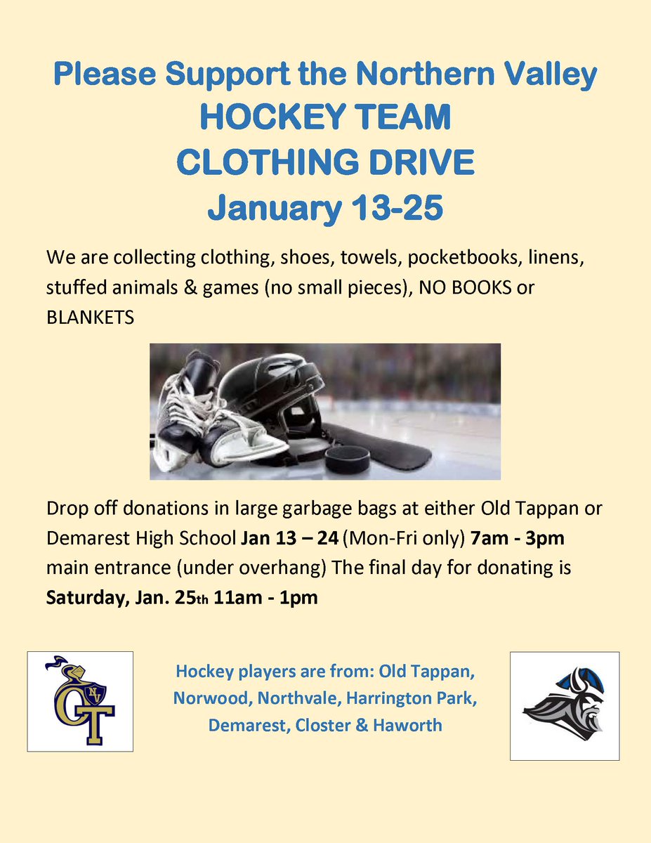 BSabatiniNVD's tweet image. Please support the Northern Valley Old Tappan/Demarest Ice Hockey Team fundraiser-see below and click on photo for all details-Saturday morning, Jan. 25th by 11:00 am is final day to bring donated clothing or other items listed to either NVOT or NVD!
#nvotpride, #nvalleyed