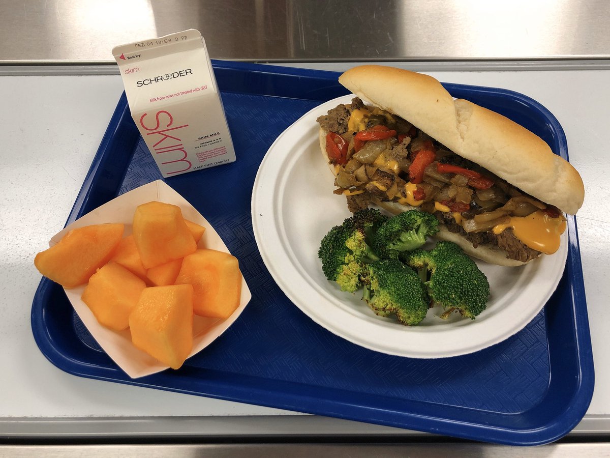 We’ve got a new menu item at the high schools today: a Philly cheesesteak sandwich! This sandwich features freshly cooked strip steak, cheese, and peppers and onions on a soft sourdough roll. Served with roasted broccoli, fresh fruit, veggies, and milk! #schoollunch #112foodies