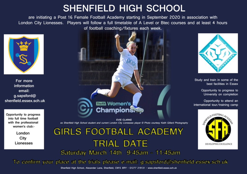 The inaugural <a href="/ShenfieldHigh/">Shenfield High Sch</a> post-16 girls Football Academy trials will take place in Saturday March14th. For further information on this exciting opportunity in partnership with <a href="/LC_Lionesses/">London City Lionesses</a> e-mail: g.sapsford@shenfield.essex.sch.uk <a href="/huttonfc/">huttonfc</a> <a href="/GreatDanesYFC/">Great Danes YFC</a> @CKBasildonU16s