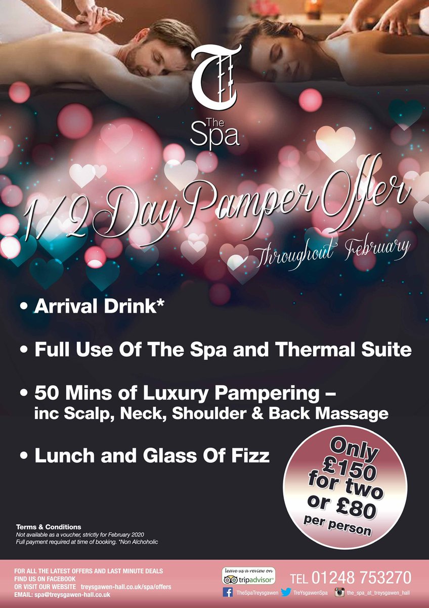 February offer “Valentines “ couples pamper day offer 1/2 day. Call the team for further details #spa #anglesey #treysgawen #February #ValentinesDay #offer