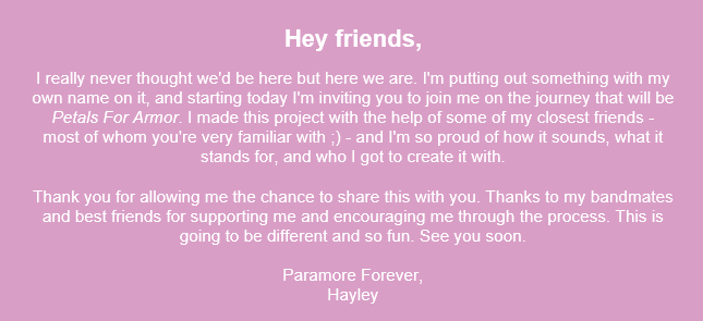 TheParamoreBand's tweet photo. Message from @yelyahwilliams on Petals For Armor. #SIMMERbyHayleyWilliams https://t.co/EuxHuT1Pil