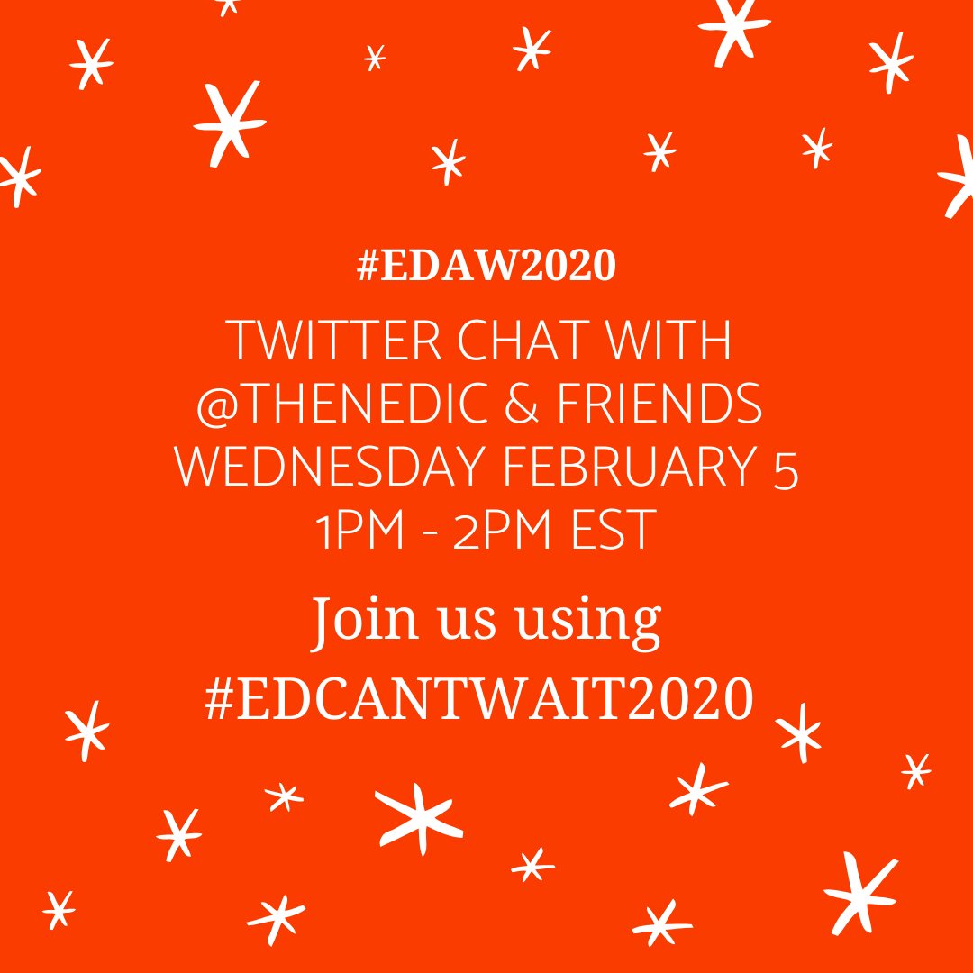 theNEDIC's tweet photo. Join us for an #EDAW2020 Twitter Chat! We (@theNEDIC) will be hosting a conversation on Wednesday February 5 from 1pm to 2pm EST. Let's talk about eating disorders, EDAW, and all the reasons that eating disorders can't afford to wait. Use #EDCANTWAIT2020 to join the conversation. https://t.co/Zzl9MXJ636
