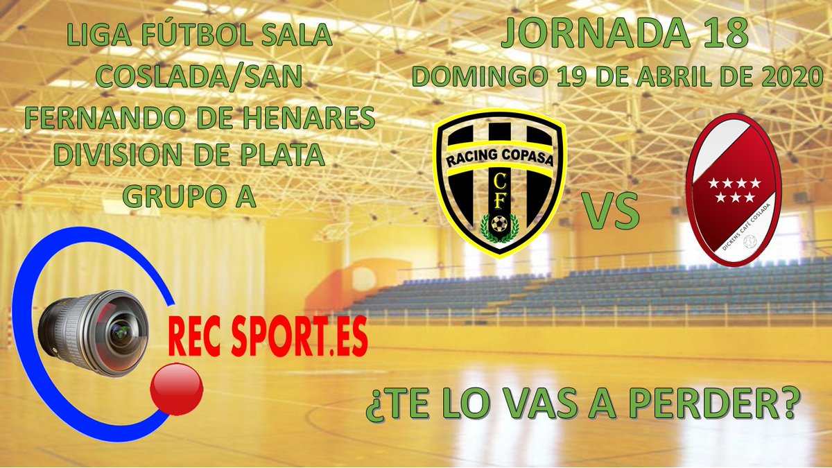 Tenemos el placer de anunciaros que el 19 de abril estaremos en Coslada emitiendo el partido de nuestros amigos del @RacingCopasa 
Vamos a hacer que ese partido no sea un partido más. Interactúa en el chat en directo y comenta con nosotros el partido.⚽️📹🎬#RecSport