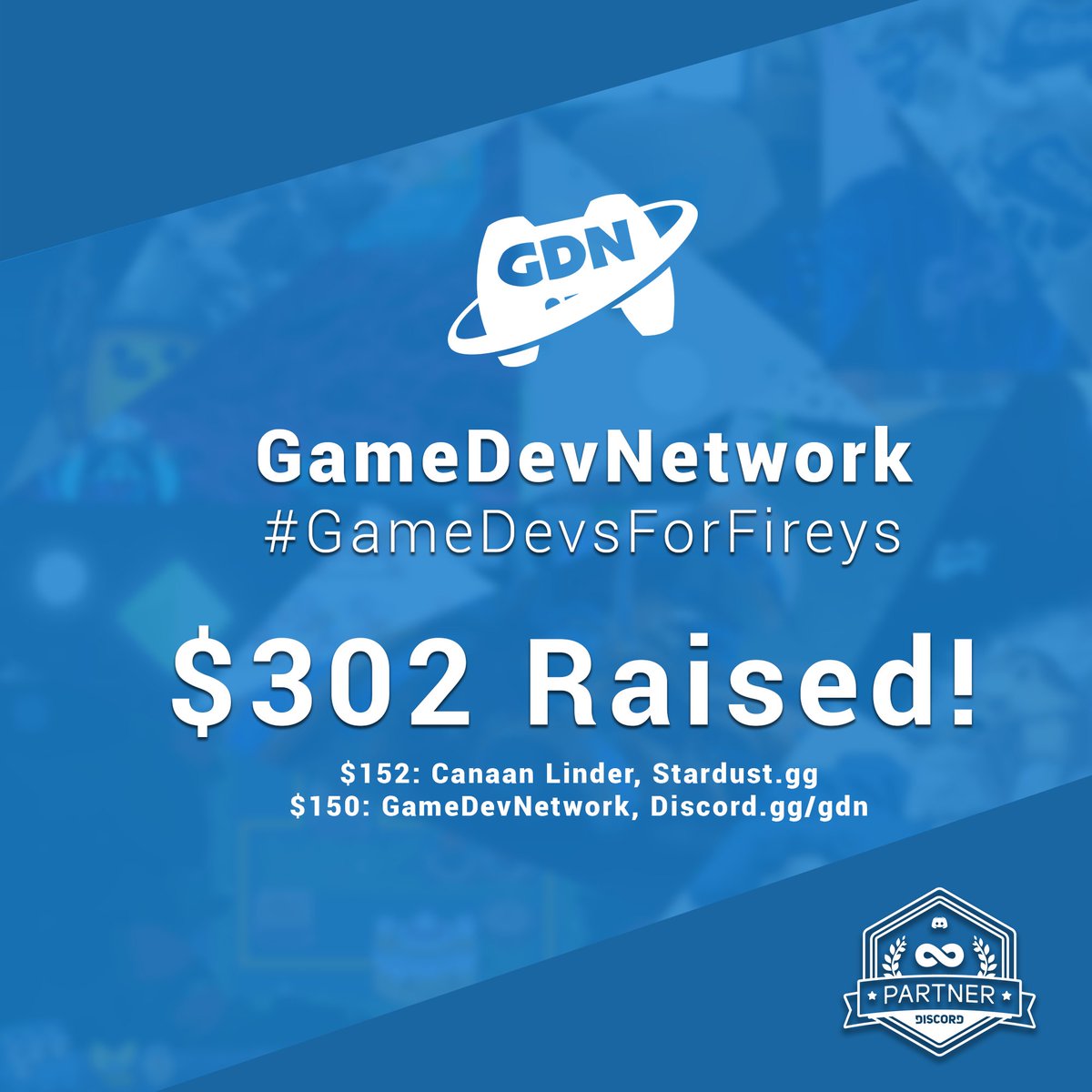 LiamSorta's tweet image. HUGE Thank you to everyone that shared our #GameDevsforFireys campaign! 

Thank you and congrats to @CanaanLinder for his $152 bid!  

We will also be matching $150 ourselves, bringing the total donation to $302! 

Huge props to @morganjaffit for starting the hashtag