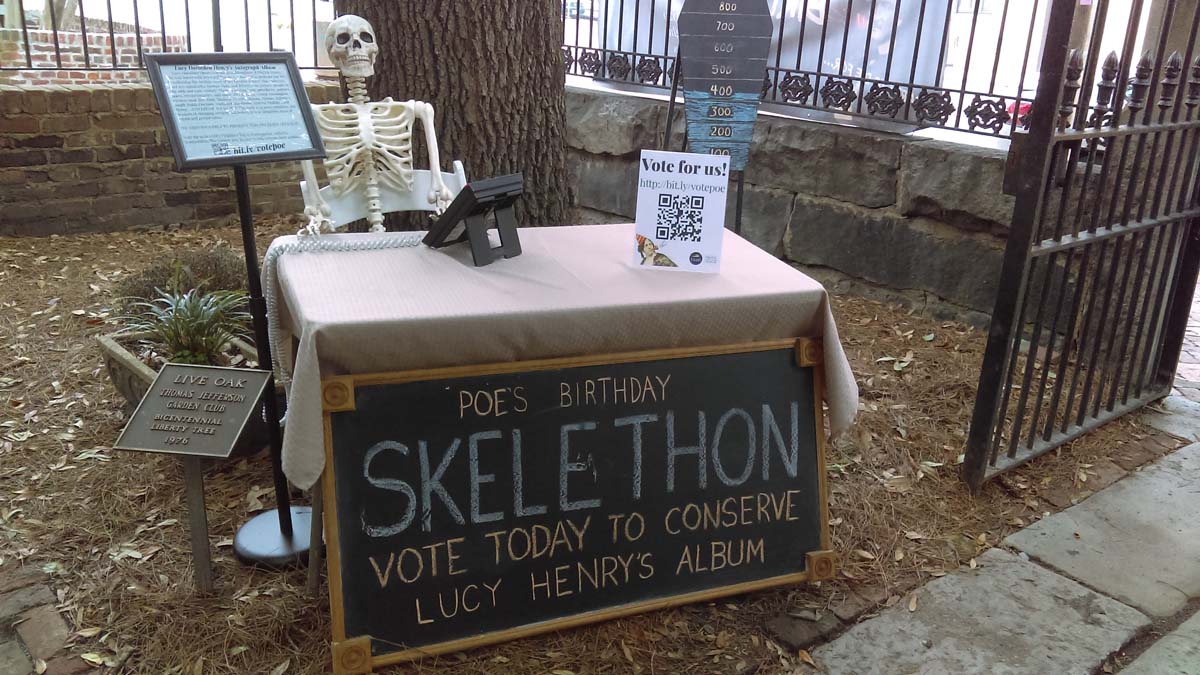 ChrisatthePoe's tweet photo. We had a Skelethon at the @PoeMuseum to raise votes for our collection of letters &amp; manuscripts from over 250 18th and 19th century celebrities to win the prize in VA's Most Endangered Artifacts contest. Voting ends today, so support the Poe Museum here: https://t.co/d5lhNmFiGw https://t.co/0n9ahoXWDo