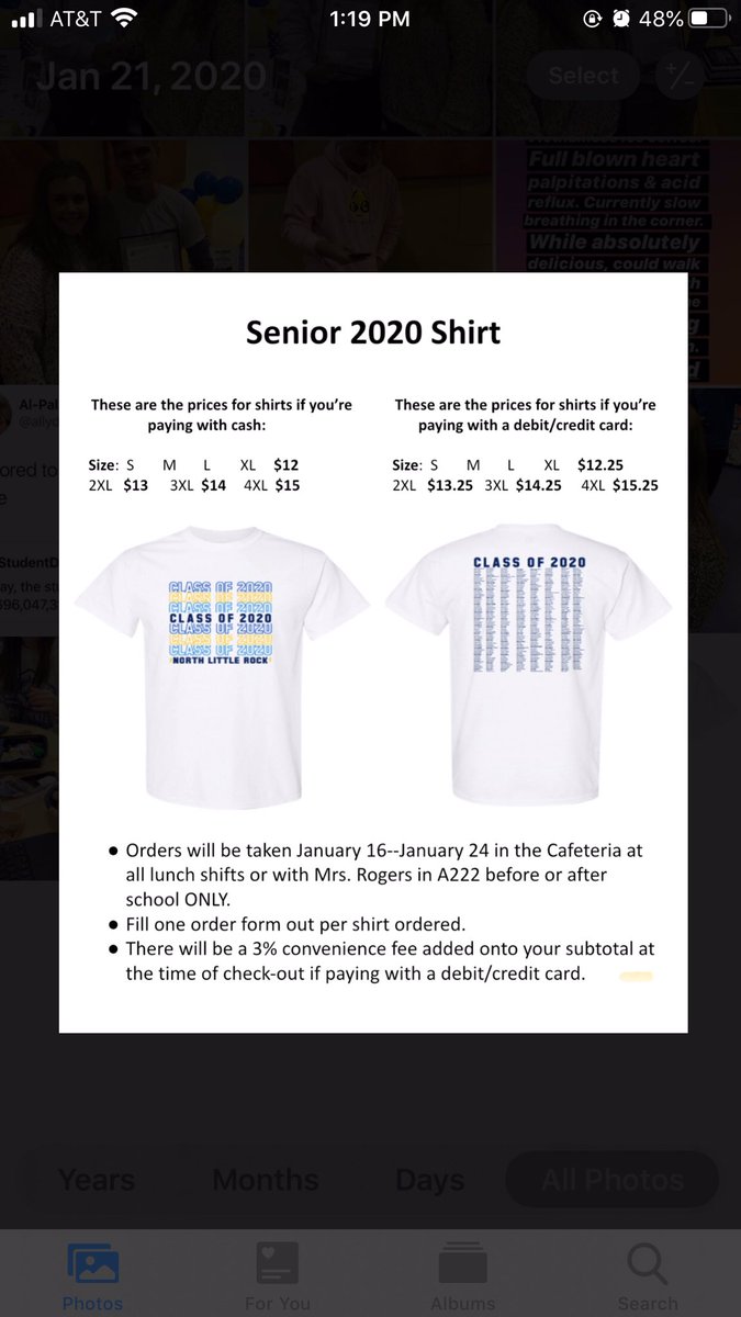 NLRStuCo's tweet photo. Class of 2020, it is time to order your senior shirts!! They can be purchased at lunch in the Cafeteria or before or after school in Mrs. Rogers’ room (A222). **Credit cards and cash are always accepted!**🎓🎓🎓 https://t.co/KgRsNjp0Ob