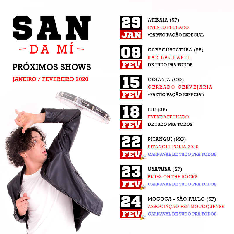 sandamioficial's tweet photo. Shows de esquenta pro Carnaval 2020!
Confiram aí as próximas datas e locais!
#Sandami #DeTudoPraTodos #Carnaval2020 https://t.co/5zdMXiSkf7
