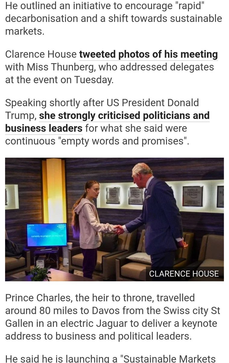 Exhibit 31:  #GretaThunbergGatePrince Charles meets Greta Thunberg at Davos 2020, and vocally supports action on climate change/ climate emergency. Reports are positive. But Meghan and Harry were only recently criticised for breaking tradition by a so called royal "expert".