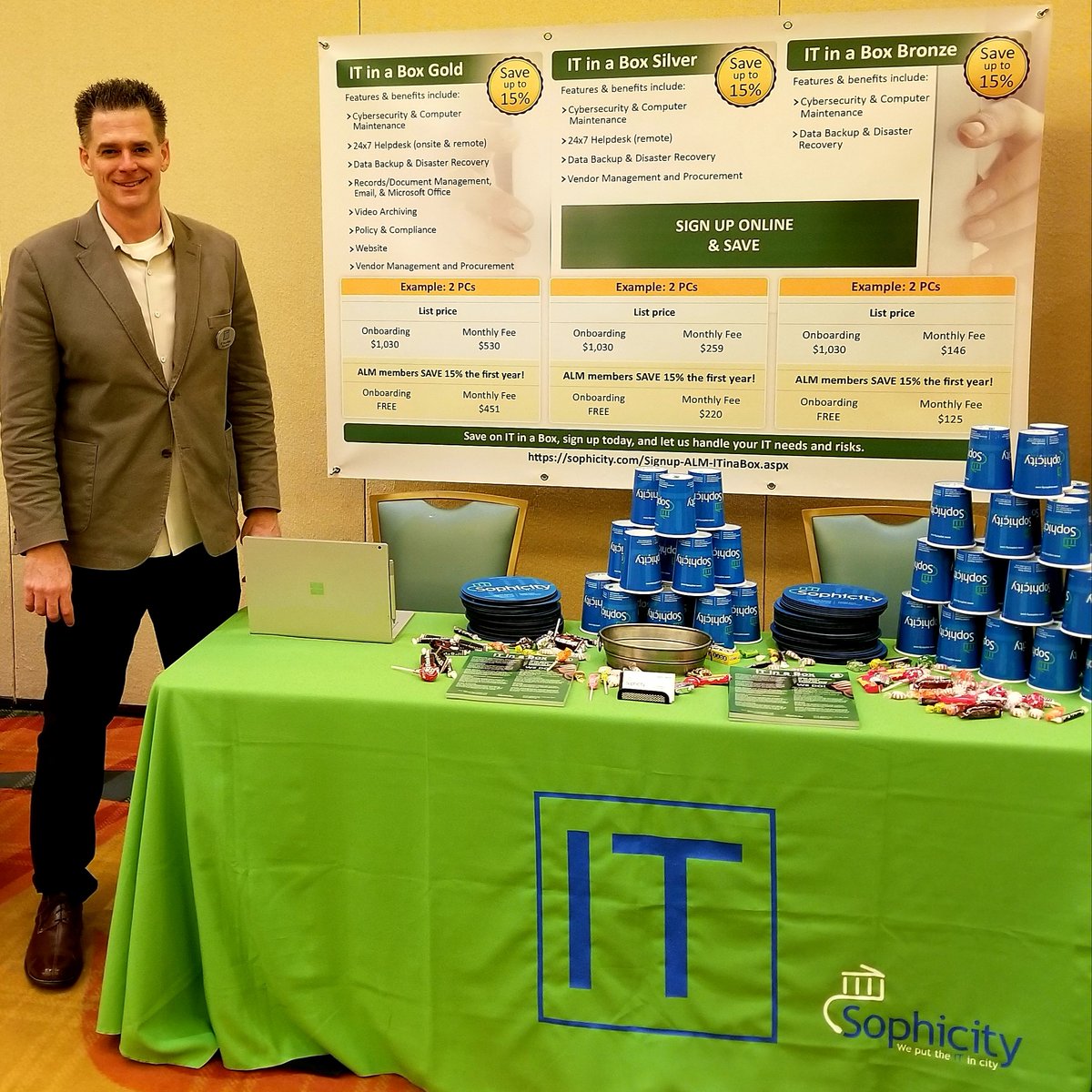 Sophicity's tweet photo. Dave is set up at the ACCMA's 2020 Winter Conference and looking forward to talking with #municipalities from across #Alabama about all things #IT & #Cybersecurity -- @AL_League #ITinaBox https://t.co/x2C9NoVfmm