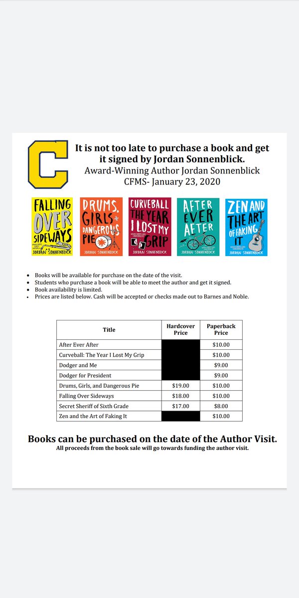 Thursday is CFMS author visit with Jordan Sonnenblick!