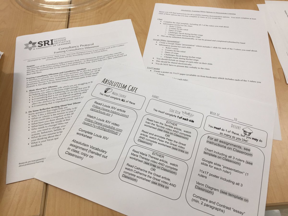 HSHistTeach's tweet photo. Lots of work around #PersonalizedLearning, improving practice, collaboration this week. Today, using Consultancy Protocol w/ @MelroseHS #LookingAtStudentWork group to improve learning menu for freshman history class. https://t.co/UihrzCqvZK